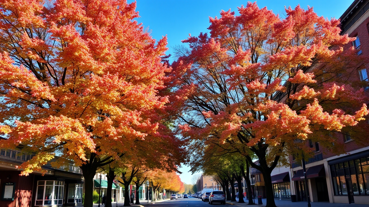 Maple trees with fall colors on a downtown Chippewa Falls Wisconsin street