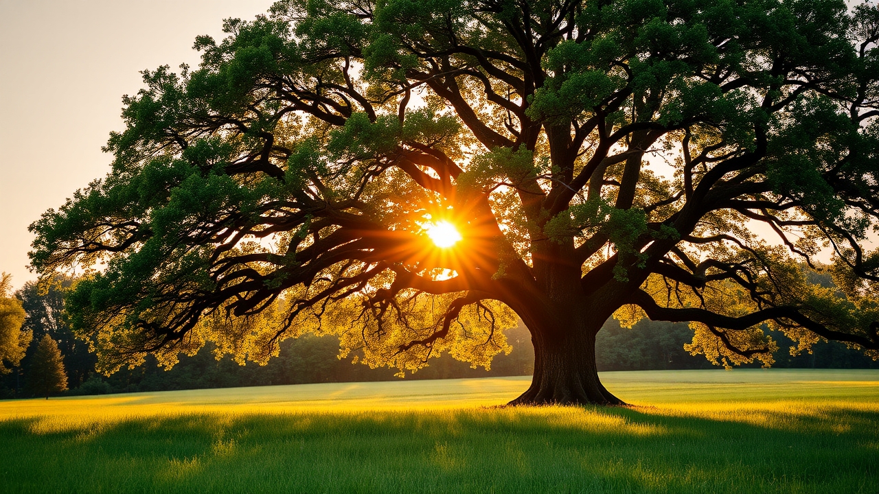 Mature oak tree with full canopy at golden hour