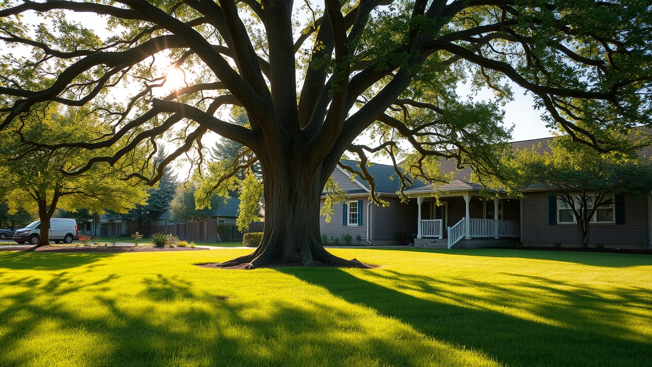 Mature oak tree in a residential yard in Eau Claire Wisconsin at golden hour