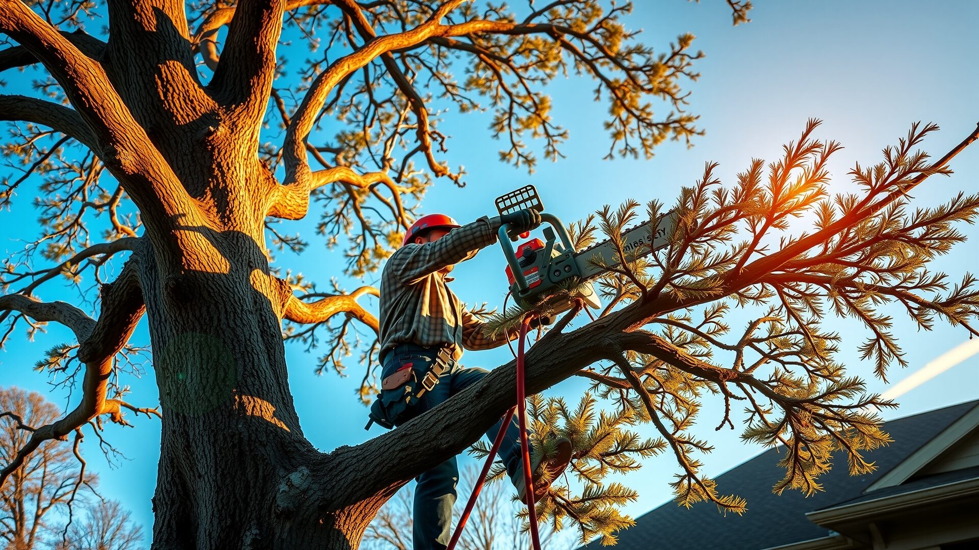Arborist in safety harness pruning a tree mid-canopy during golden hour