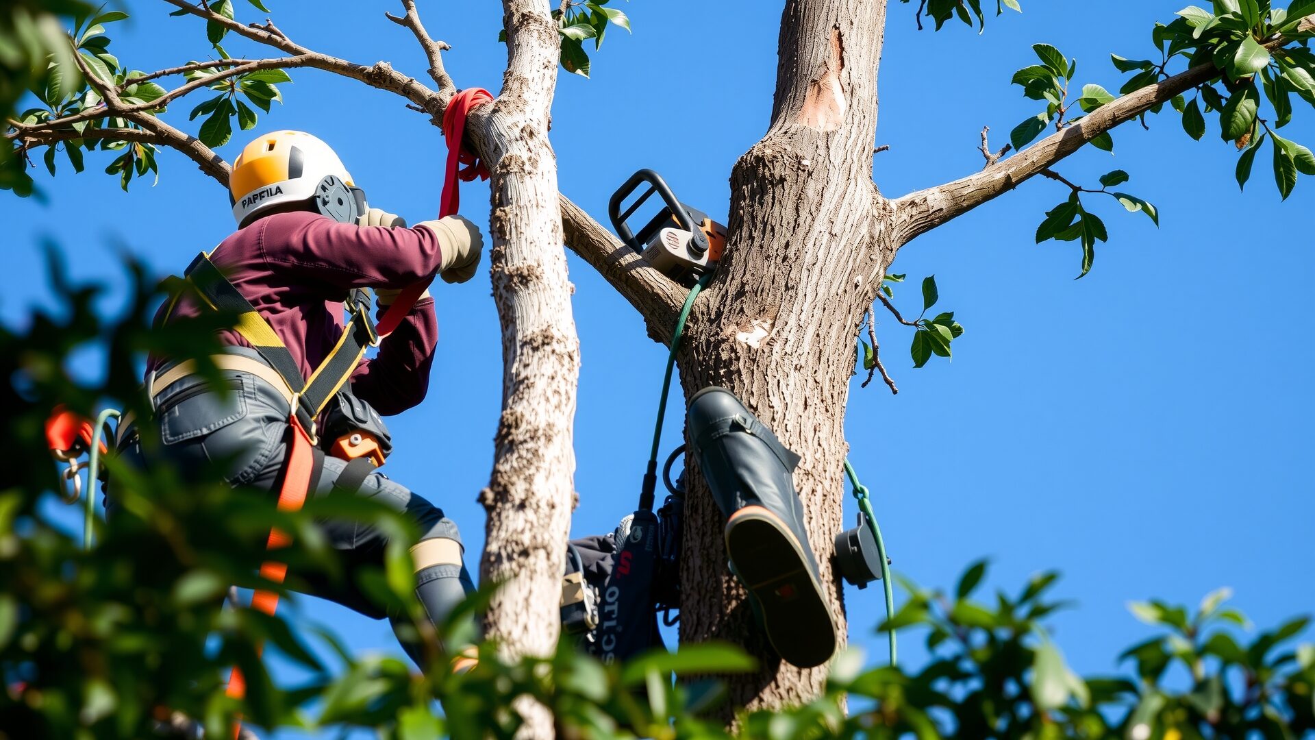 Arborist pruning tree canopy mid-cut with hand tools